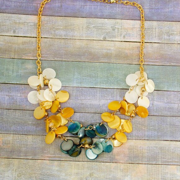 Multi color shell necklace and earring set in blue, beige, and white shell disk - Picture 10 of 12